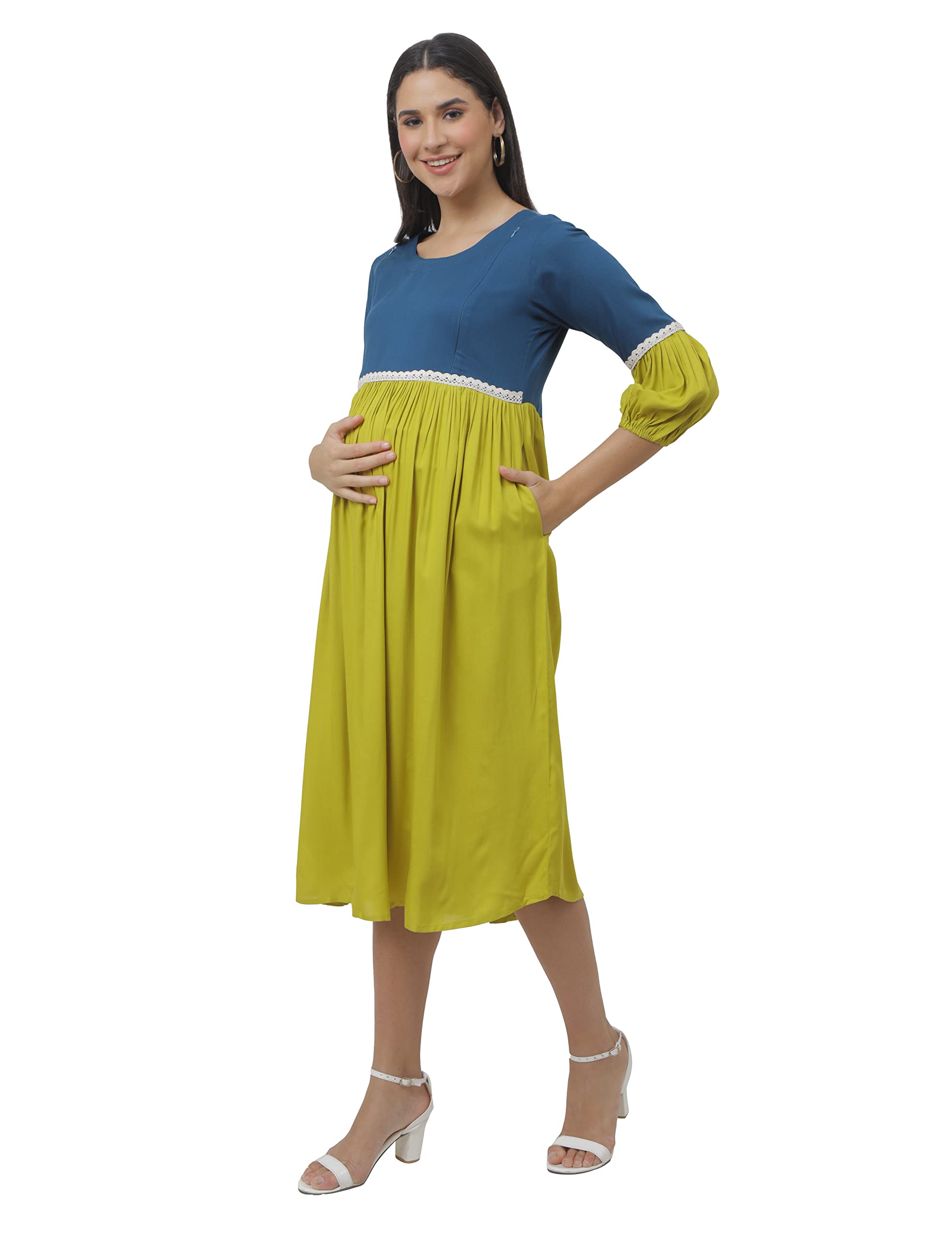 shipoo Cotton Round Neck Maternity Dresses for Women with Gathered Sleeves | Front Feeding Zip and 2 Side Pockets-picture-41