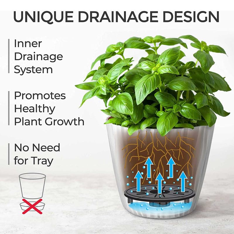 Image of StyleX Store Plastic Round Flower Pots with Drainage Hole Saucers | Durable Outdoor Indoor Wave Pattern Planters with Tray | Plant Container for Balcony, Garden, Office, and Home (Set of 5, Choclate)
