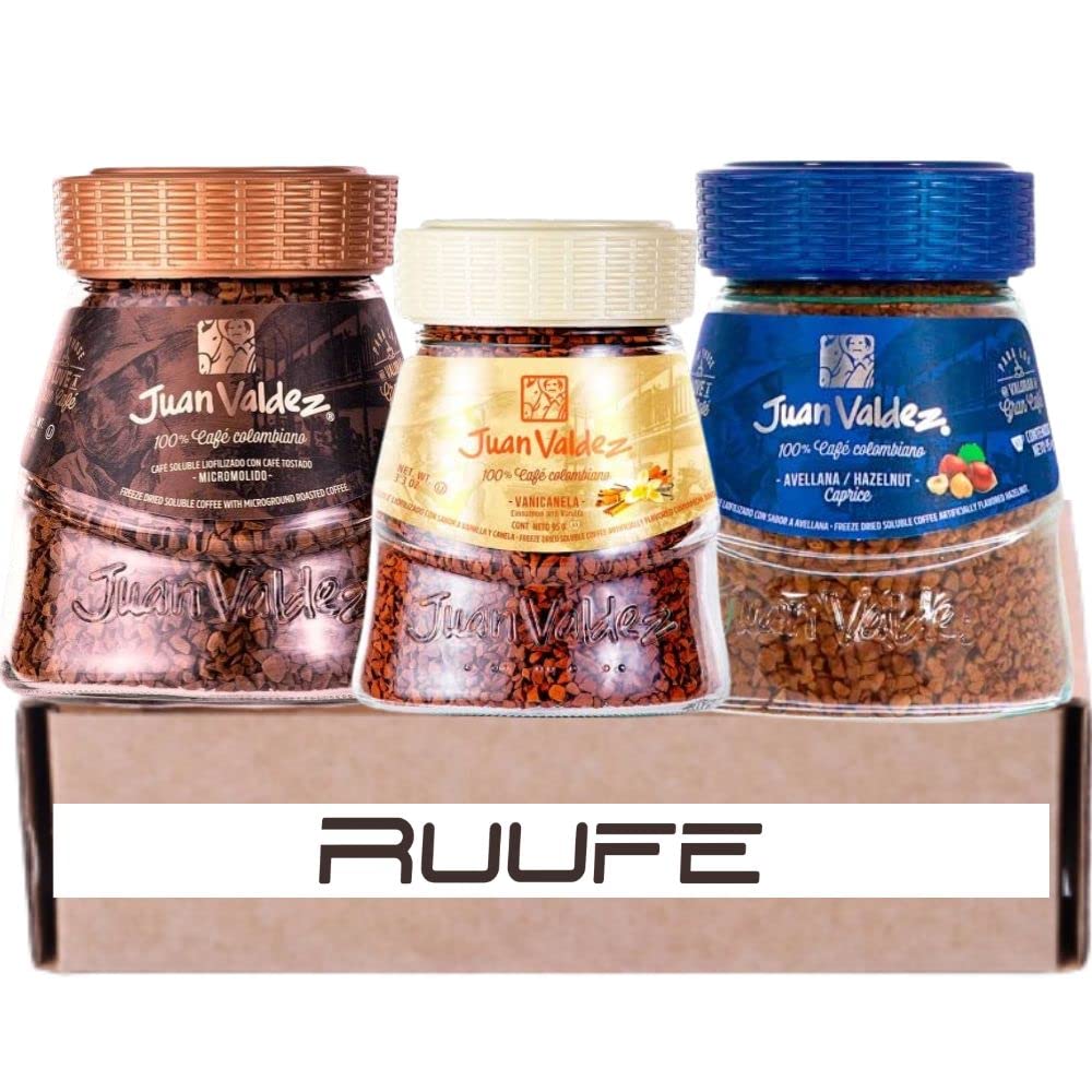 Juan Valdez mix (Pck of 3) Instant Coffee Freezed Dried Hazelnut - Chocolate - Vanilla Flavor (95gr each /3.3 Oz each) Café Juan Valdez Soluble Liofilizado de Chocolate, Vainilla y Avellana