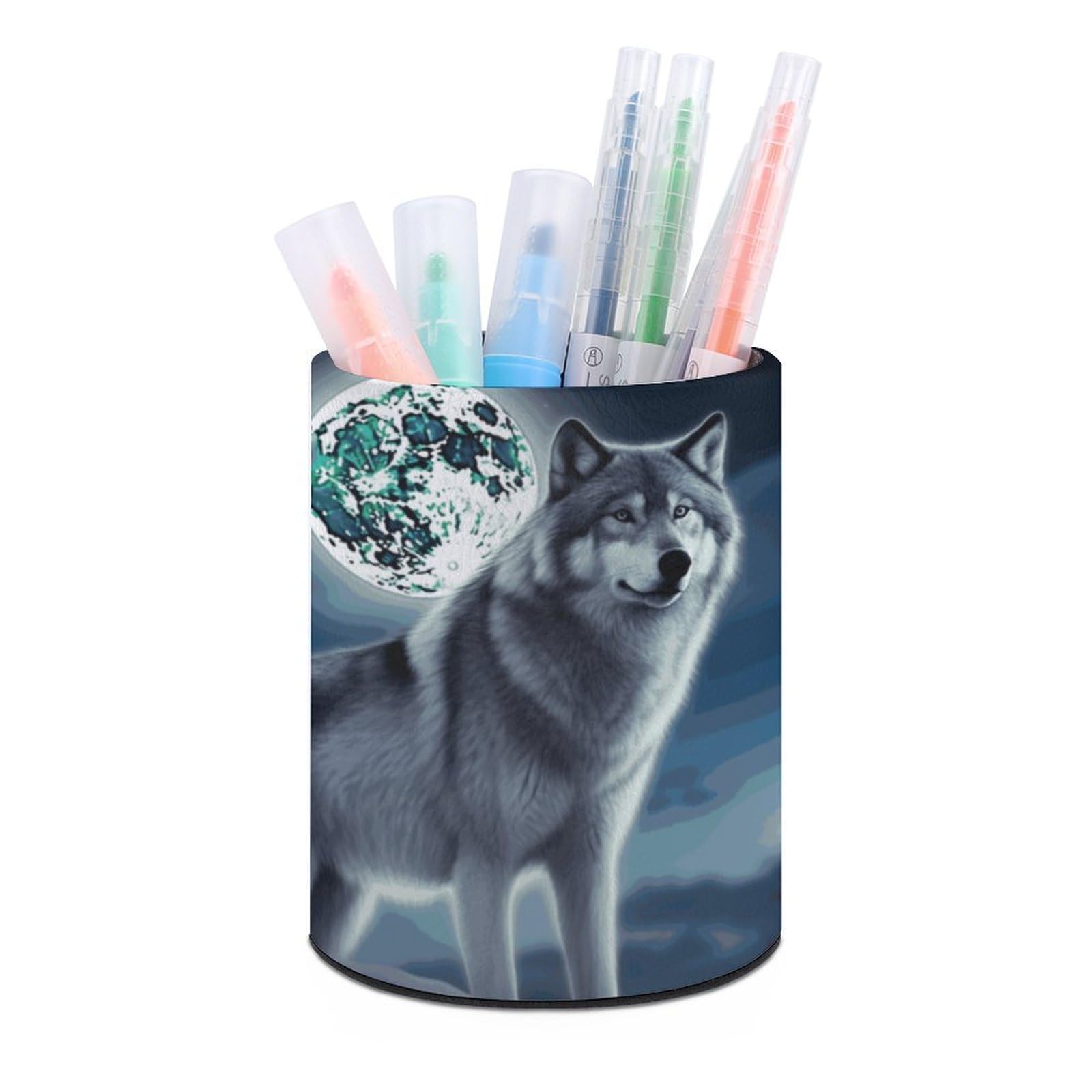 VstaDank Wolf Under Moon Pen Holder PU Leather Pencil Cup Minimalist Desk Pencil Holder Round Make Up Brush Organizers For Office Dorm Room&Vanity Desk Accessories