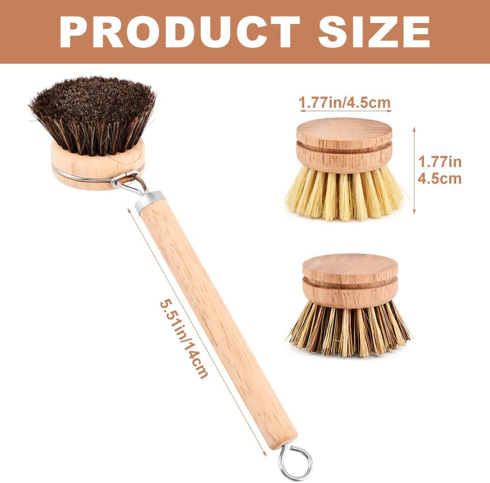 Bamboo Dish Brush with Handle, Wooden Handle with 3 Natural Bristle Heads, Natural Wood Dish Scrub Brush for Washing and Cleaning Pots and Pans