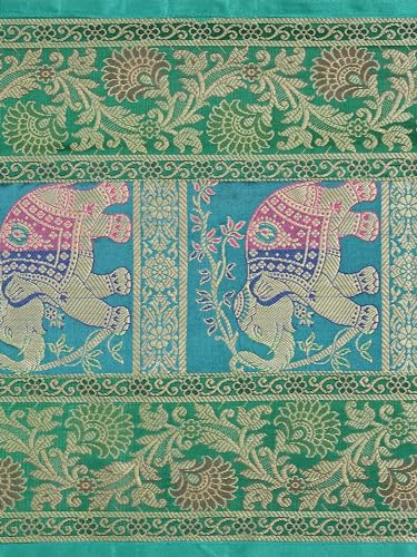 Image of Banarasi Brocade Zari Silk Table Runner Dinning & Centre Table Runner 177 by 30 CM (Green, Elephant)