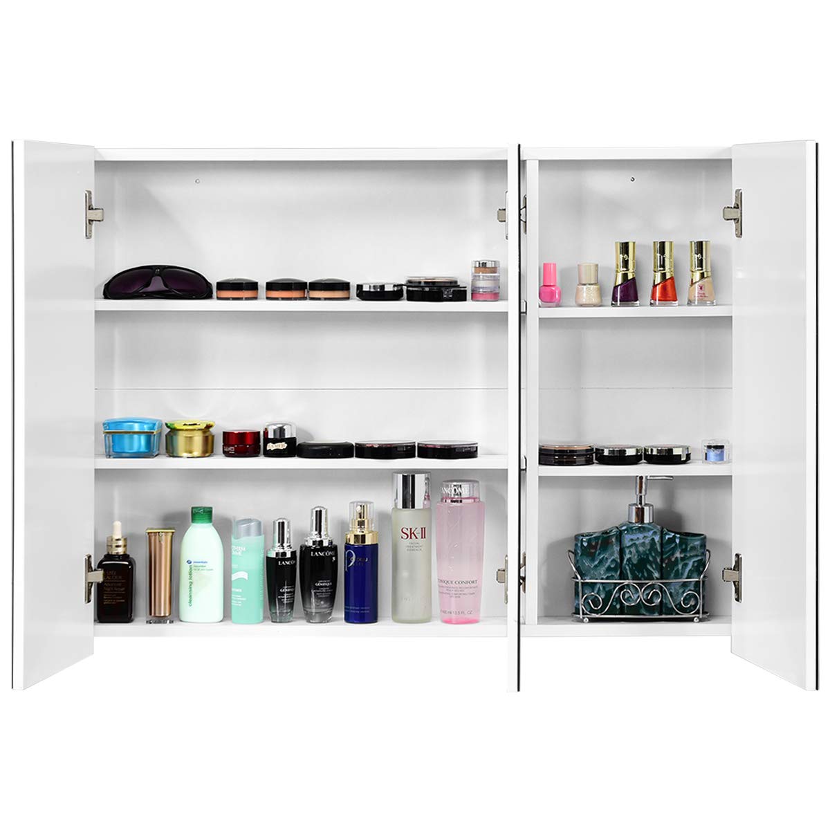 COSTWAY Armadietto Specchio Bagno con 3 Ante, 90 x 65 x 11 cm, Specchiera Bagno a Parete con Mensole Regolabili, Specchiera con Contenitore Salvaspazio per Ingresso e Soggiorno