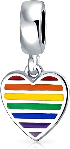 Bling Jewelry Unisex .925 Sterling Silver Inspiration LGBTQ Rights Symbol Rainbow Yin Yang Circle Disc Tag Heart Dangle Bead Charm Personalized