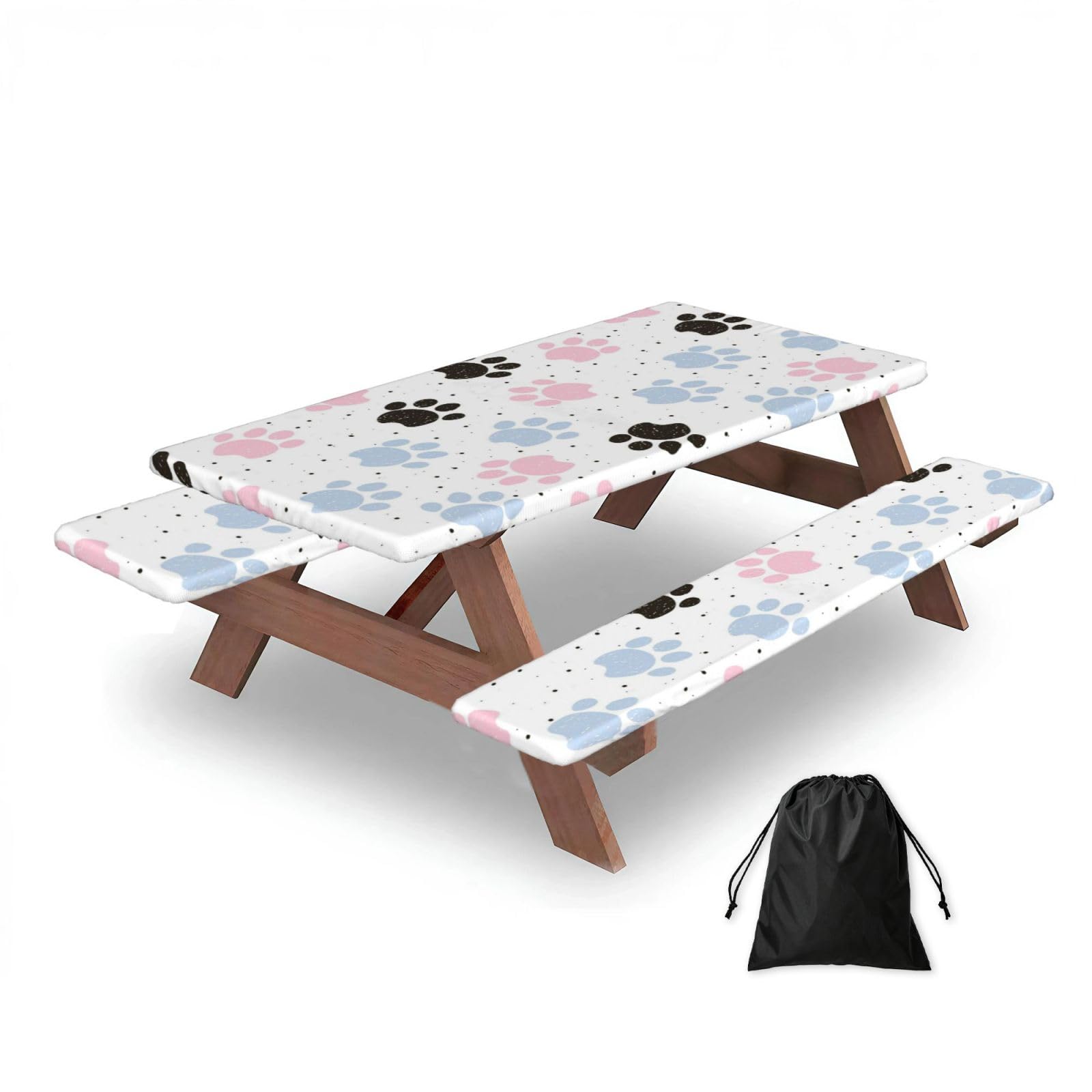 Dopklna As Picture Hand Drawn Colorful Dogs Paws, Picnic Table Cover With Bench Covers -Waterproof Elastic Fitted Tablecloth For Garden Camping Patio 76X152cm