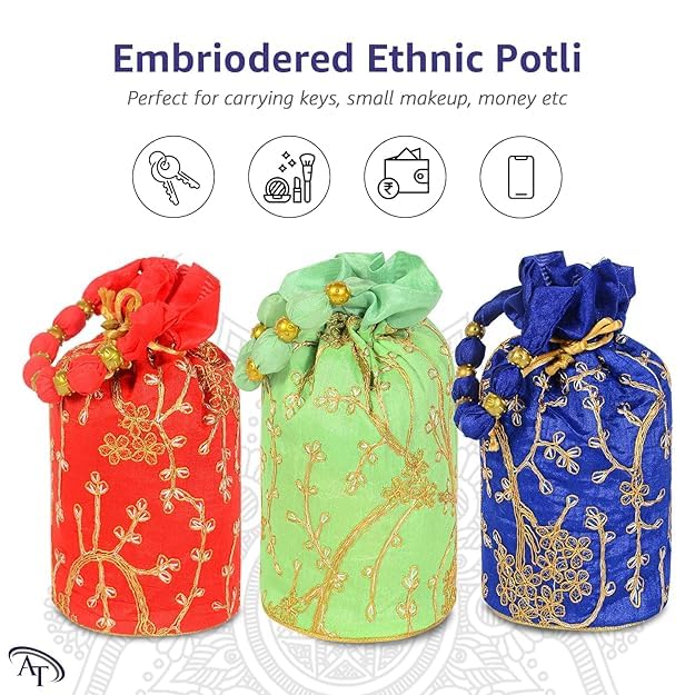 Image of Women Potli Bags | Zari Embroidered Silk With Drawstring | Traditional Return Gifts for Mehandi, Haldi, Baby Shower, Wedding, Sangeet, Seemantham