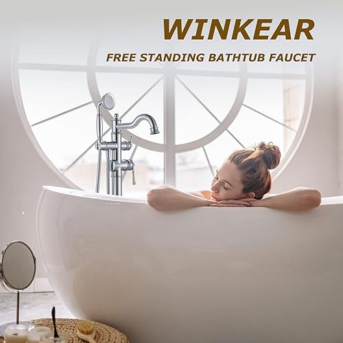 Miniatura 3 de Llenador de bañera independiente de montaje en el suelo con grifo de bañera romano de ducha de mano por acabado cromado, boquilla giratoria con