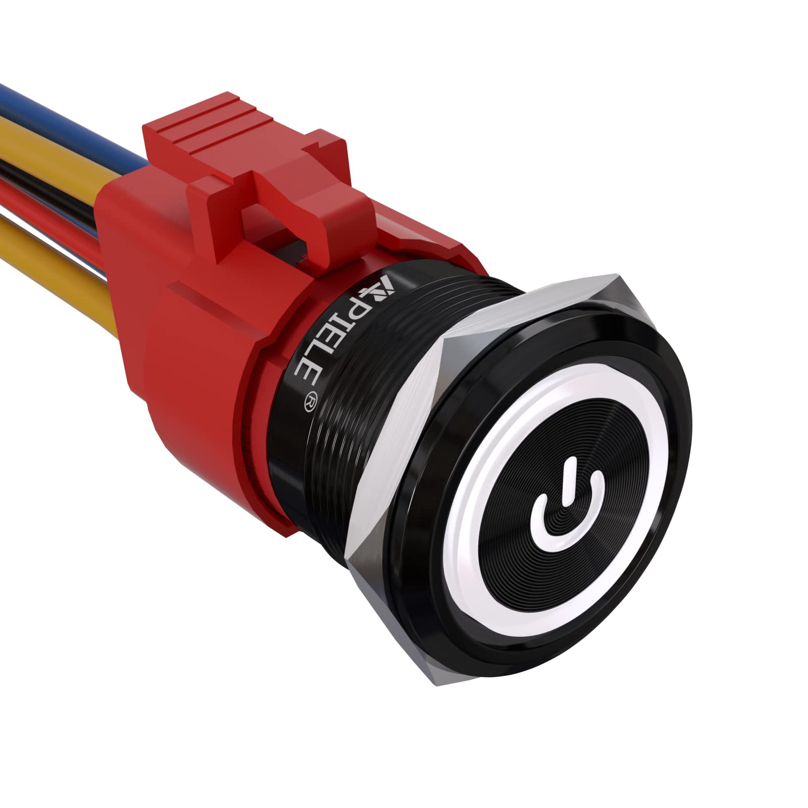 APIELE 22mm Latching Push Button Switch 12V 10A Power Symbol Ring Led Car Metal with Socket Plug 1NO1NC DPST ON/Off 0.87" 1 Pack (Black Shell, White)