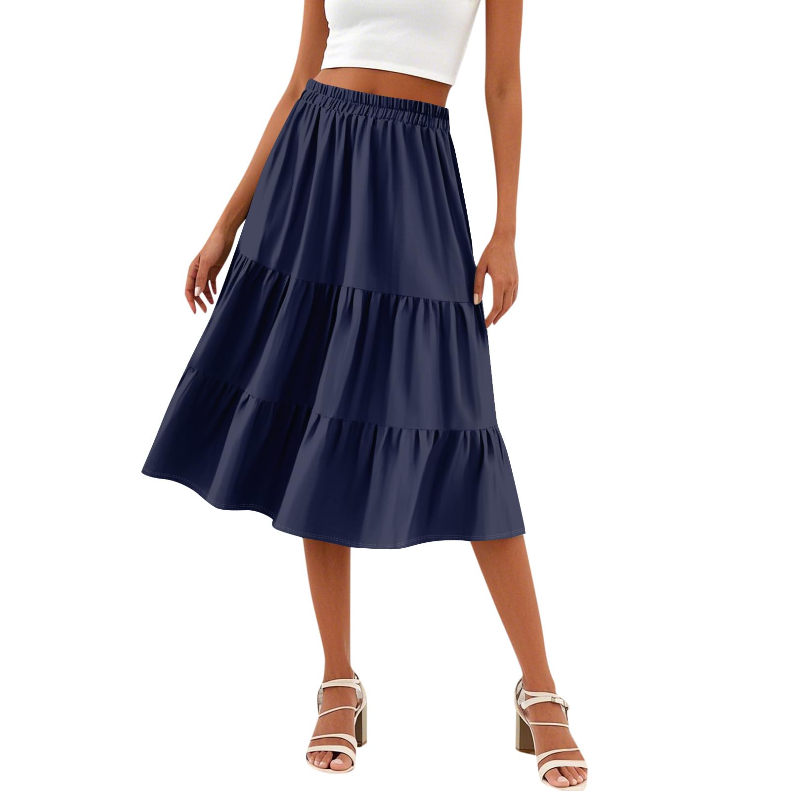 Midi Skirts for Women Tiered Elastic High Waisted Flowy Polka Dot Skirt Drawstring Beach Travel Summer Outfits