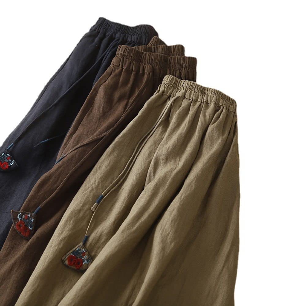 Gonne da Donna,Gonna Lunga da Donna Gonna A Pieghe in Lino retrò Elastica A Vita Alta Cachi con Tasche Gonne Lunghe Casual con Volant Increspato A-Line per Ragazze Signore,M