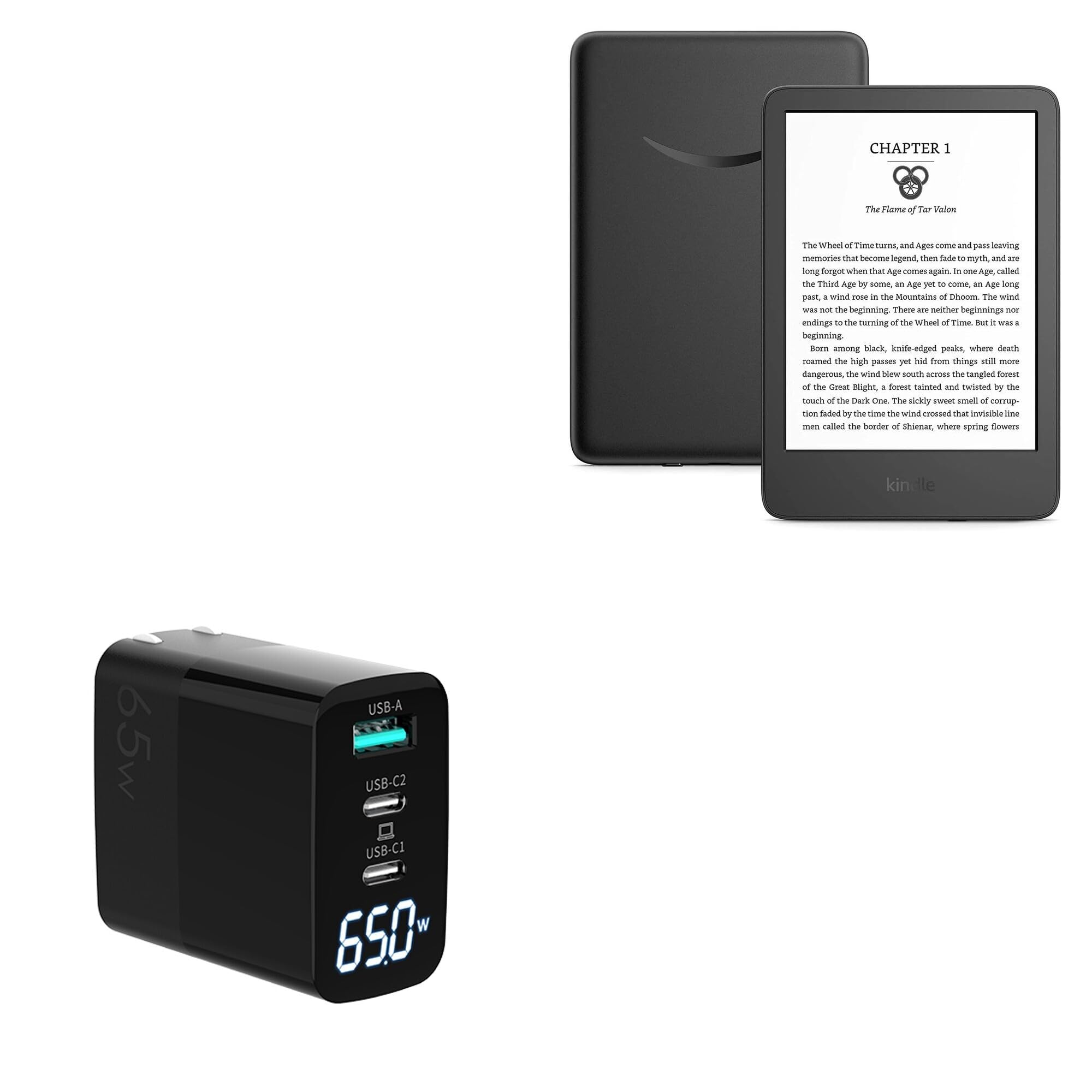 BoxWave Charger Compatible with Amazon Kindle (11th Gen 2022) - PowerDisplay PD Wall Charger (65W), GaN 65W Powerful Folding Plug LCD Display - Jet Black