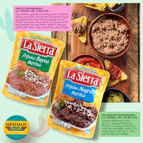 Bohnenmus La Sierra (Pack von 2) – 1x Schwarze Bohnenmus und 1x Helles Bohnenmus je 430 g – gebratene Bohnen fertig zum servieren - 100% Mexiko – Frijoles Refritos negros y bayos