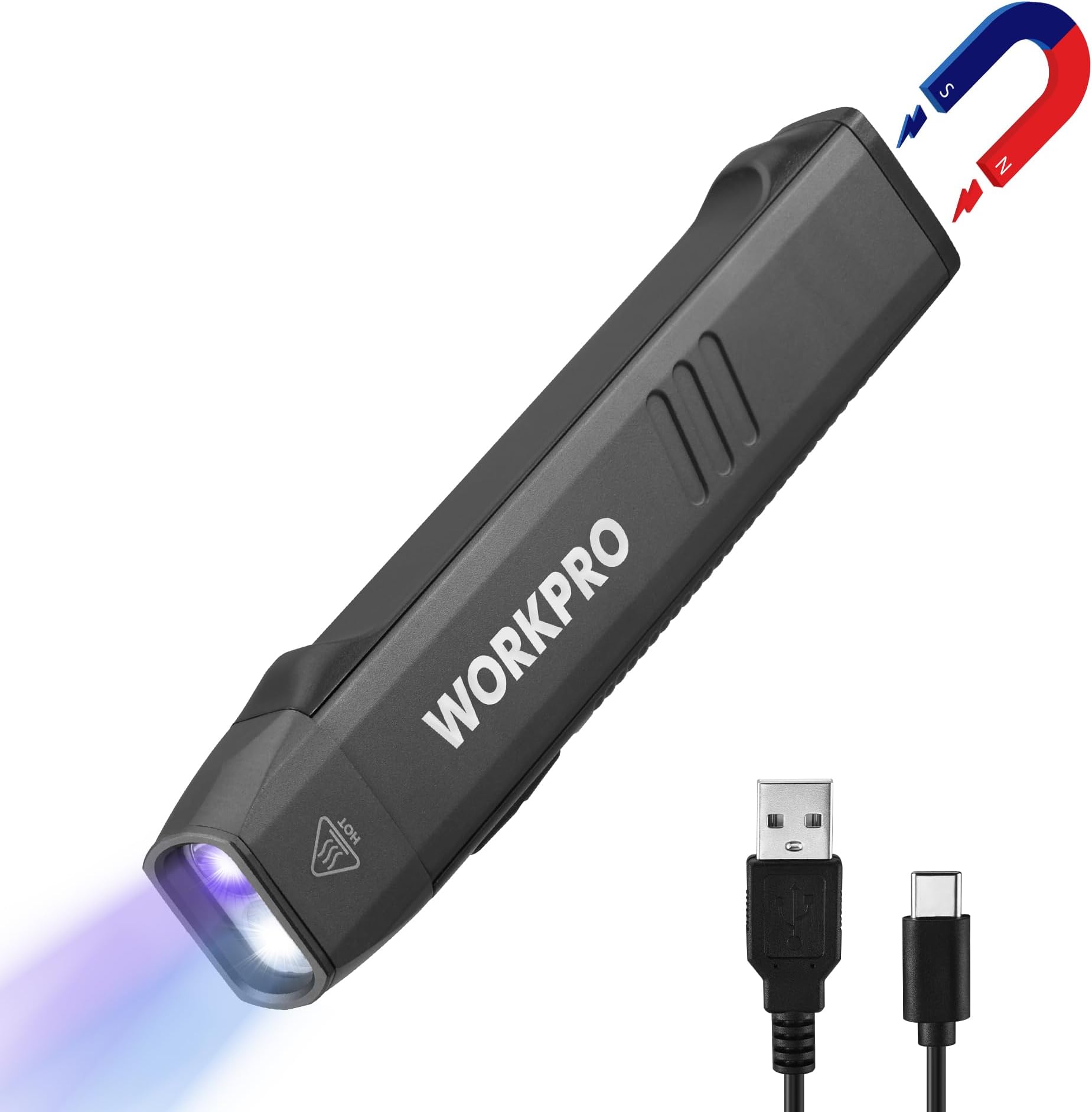 WORKPRO 懐中電灯 【365nm UV・マグネット搭載】 IP67防水防塵 LEDライト 作業灯 ポケットライト 小型 Type-C充電式 ブラックライト付き 超高輝度 照明＋UVチェック 1台2役 多機能 作業用・点検用・アウトドア対応・防災 停電対策 キャンプ 夜釣り 偽札防止 蛍光増白剤確認