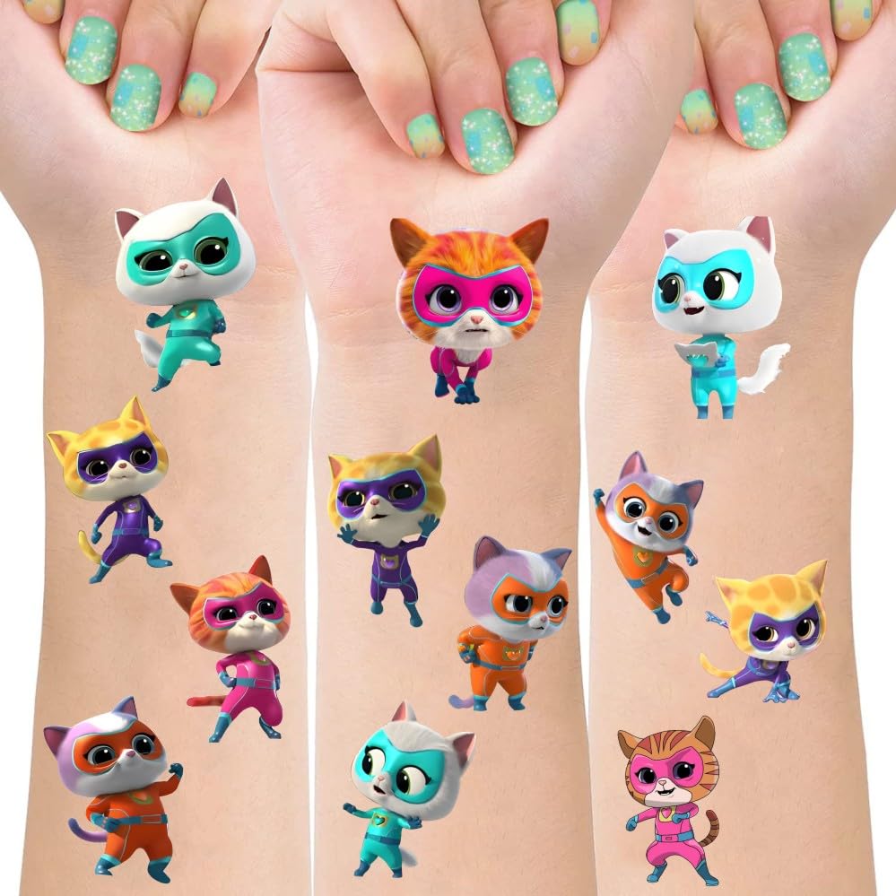 8 Sheets Super Cats Temporary Tattoos for Kids, Kitties Birthday Party Decorations Party for Kids Party Supplies