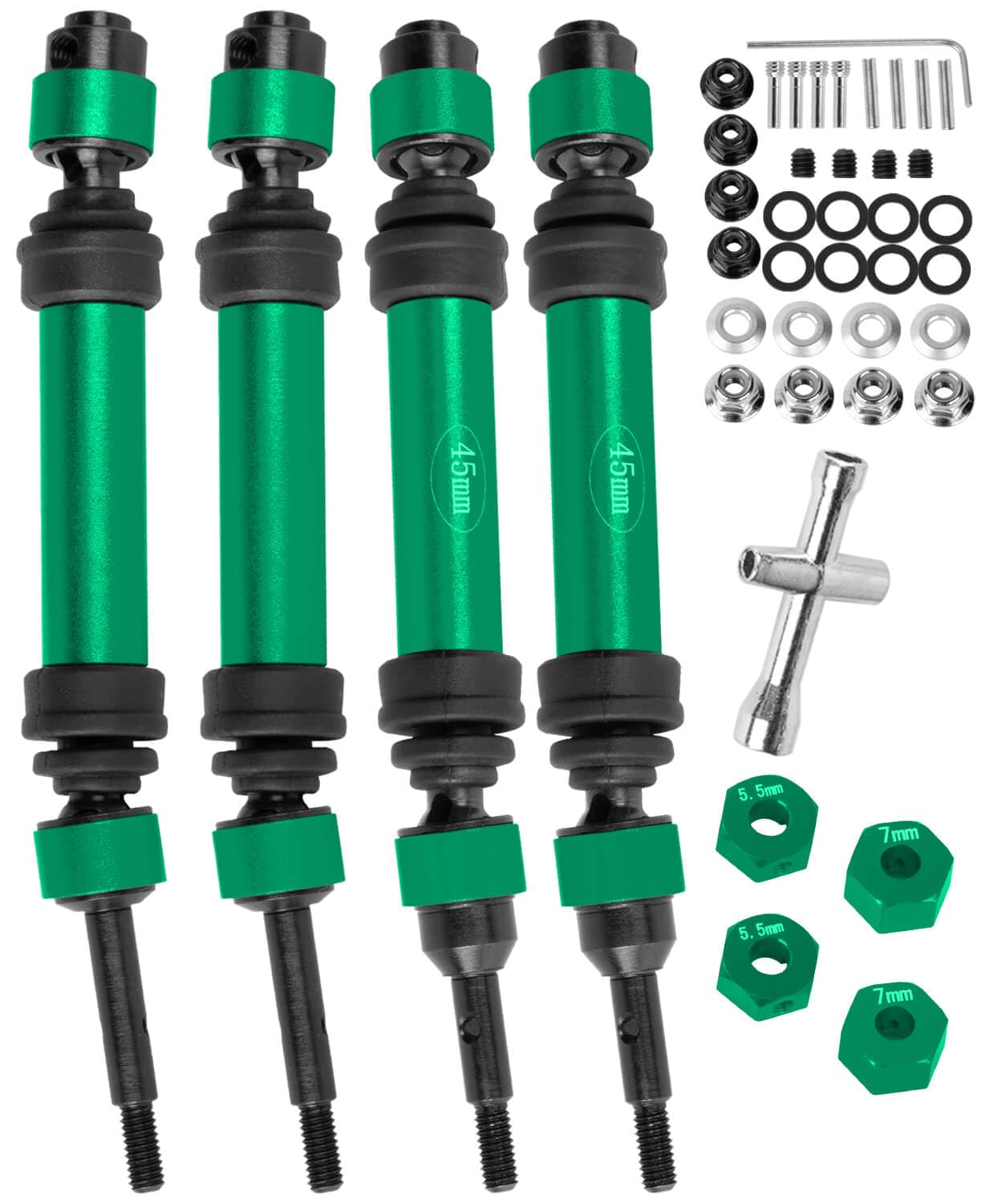 RCMYou RC Drive Shaft CVD Axles Upgrades Part for 1/10 Slash VXL 4X4,Rustler VXL 4X4,Stampede VXL 4X4,#45 Steel Front Rear Driveshaft with Hex,Green