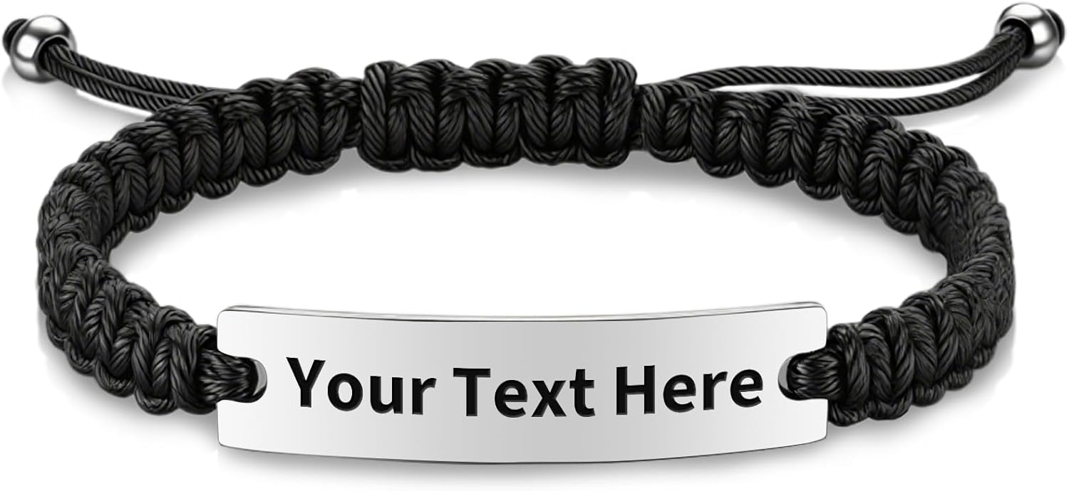 Custom Engraved Bracelet for Couples – Personalized Name Bracelet with Adjustable Braided Rope & Stainless Steel Plate – Romantic Gift for Anniversary, Valentine's Day, Birthday