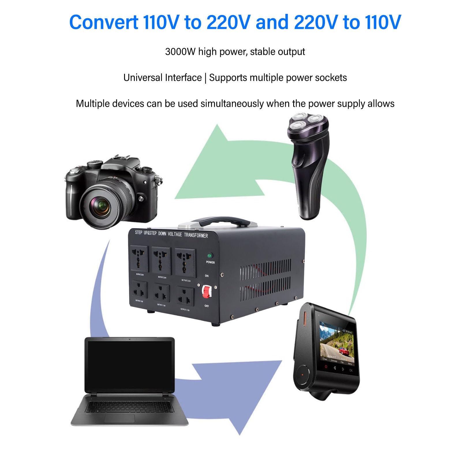 Transformador convertidor de tensión 3000W (110V a 220V, 220V a 110V) Convertidor Elevador/Reductor con Interfaz Universal, Carcasa de aleación de Aluminio, monofásico (Enchufe de la UE)