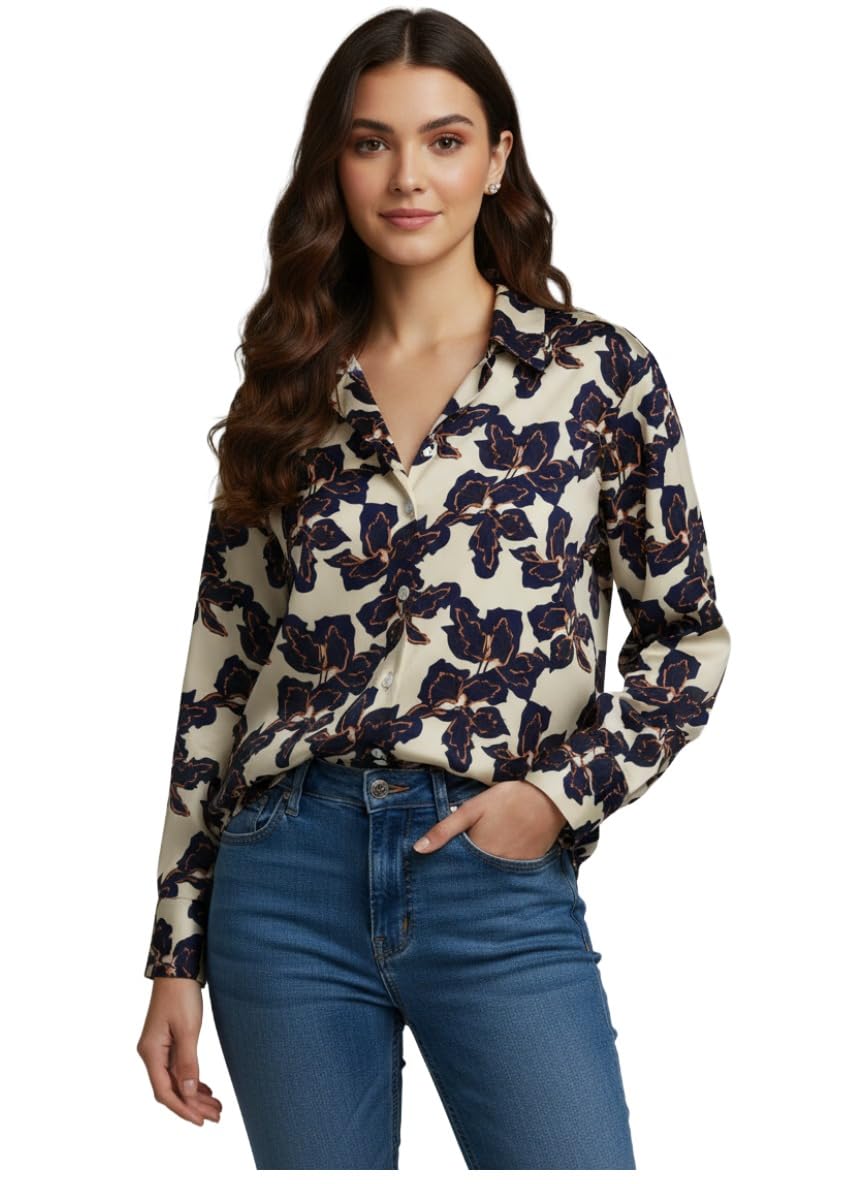 ANNI Designer Bedrucktes Damenhemd aus Baumwollmischgewebe, langärmelig, normale Passform, Hemdkragen, legere Bürokleidung, elegante Western-Kleidung für den Alltag, Hochzeit, Party