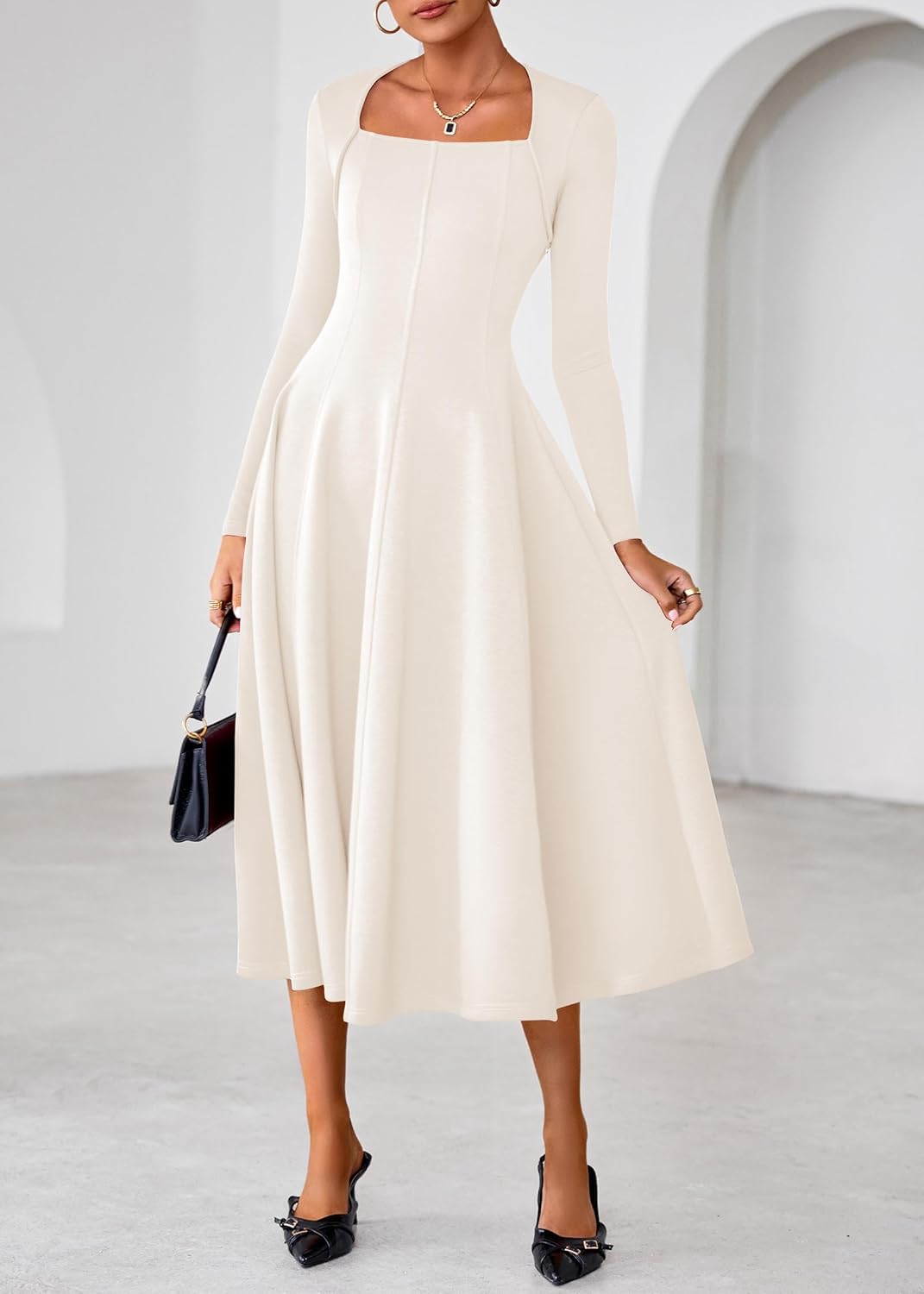 Lazysmile Long Sleeve Fall Dresses for Women Square Neck A Line Flowy Casual Elegant Wedding Guest Party Maxi Dress - Image 3