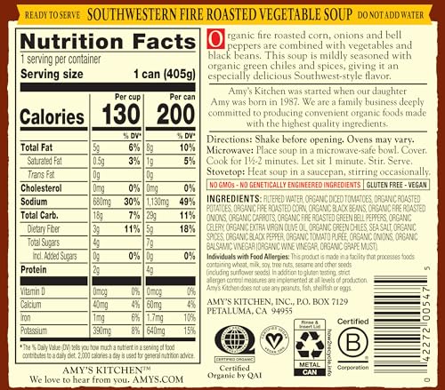 Image of Amy's Soup, Vegan Southwestern Fire Roasted Vegetable Soup, Gluten Free, Made With Organic Vegetables, Canned Soup, 14.3 Oz