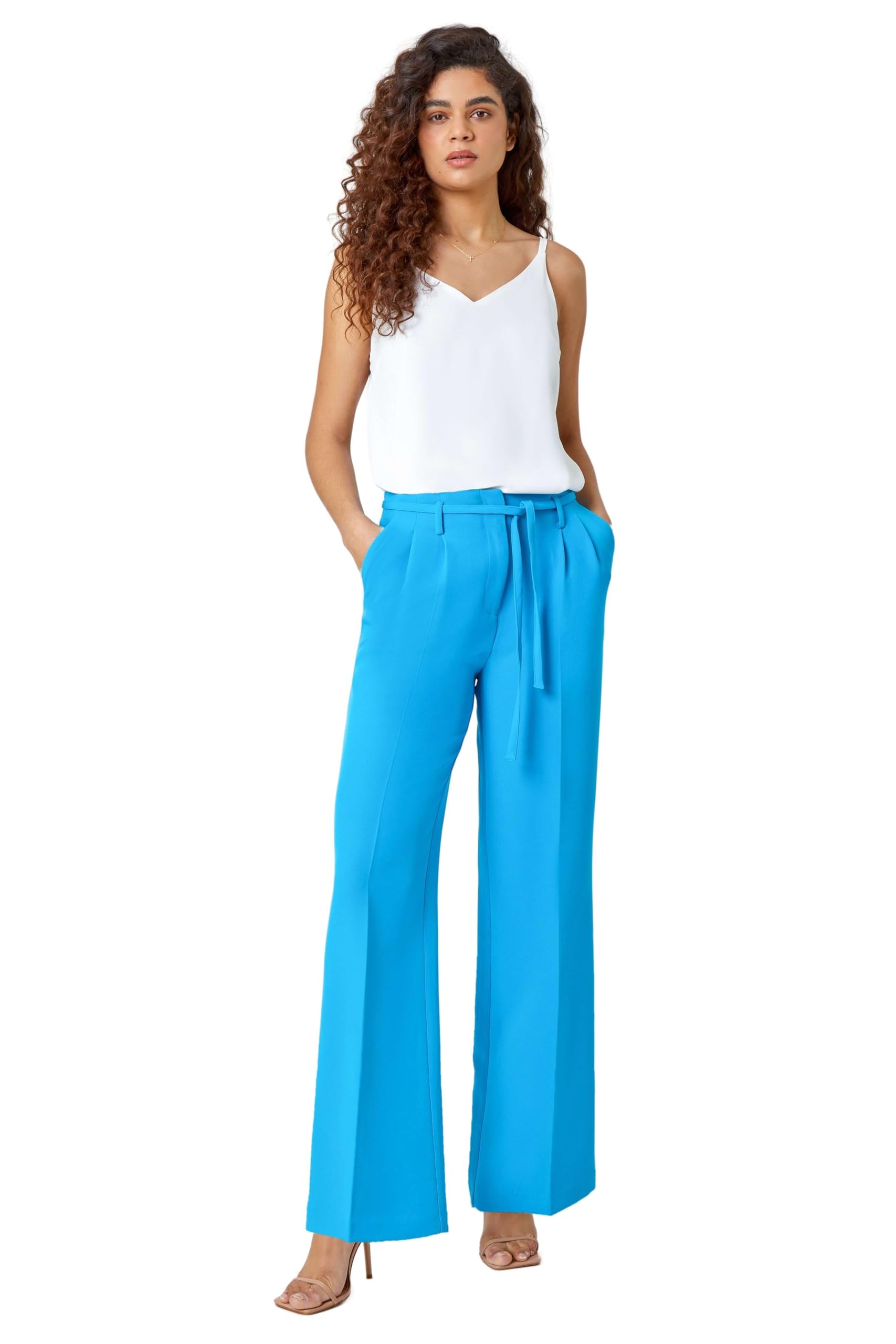 Roman Originals Crepe Stretch Straight Leg Trousers for Women UK - Ladies Everyday Holiday Spring Summer Comfy Soft Evening Vacation Work Party - Turquoise - Size 18