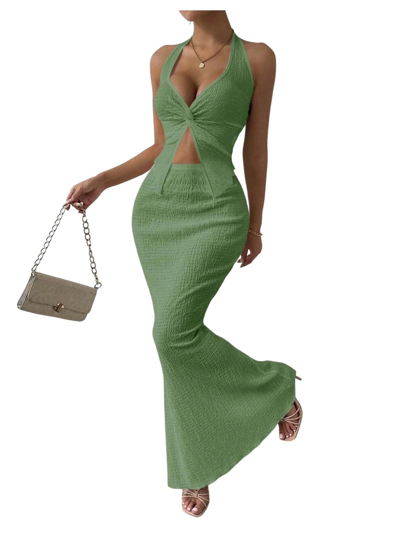 SOLY HUX Women's 2 Piece Outfit Twist Front Halter Cami Skirt Summer Set