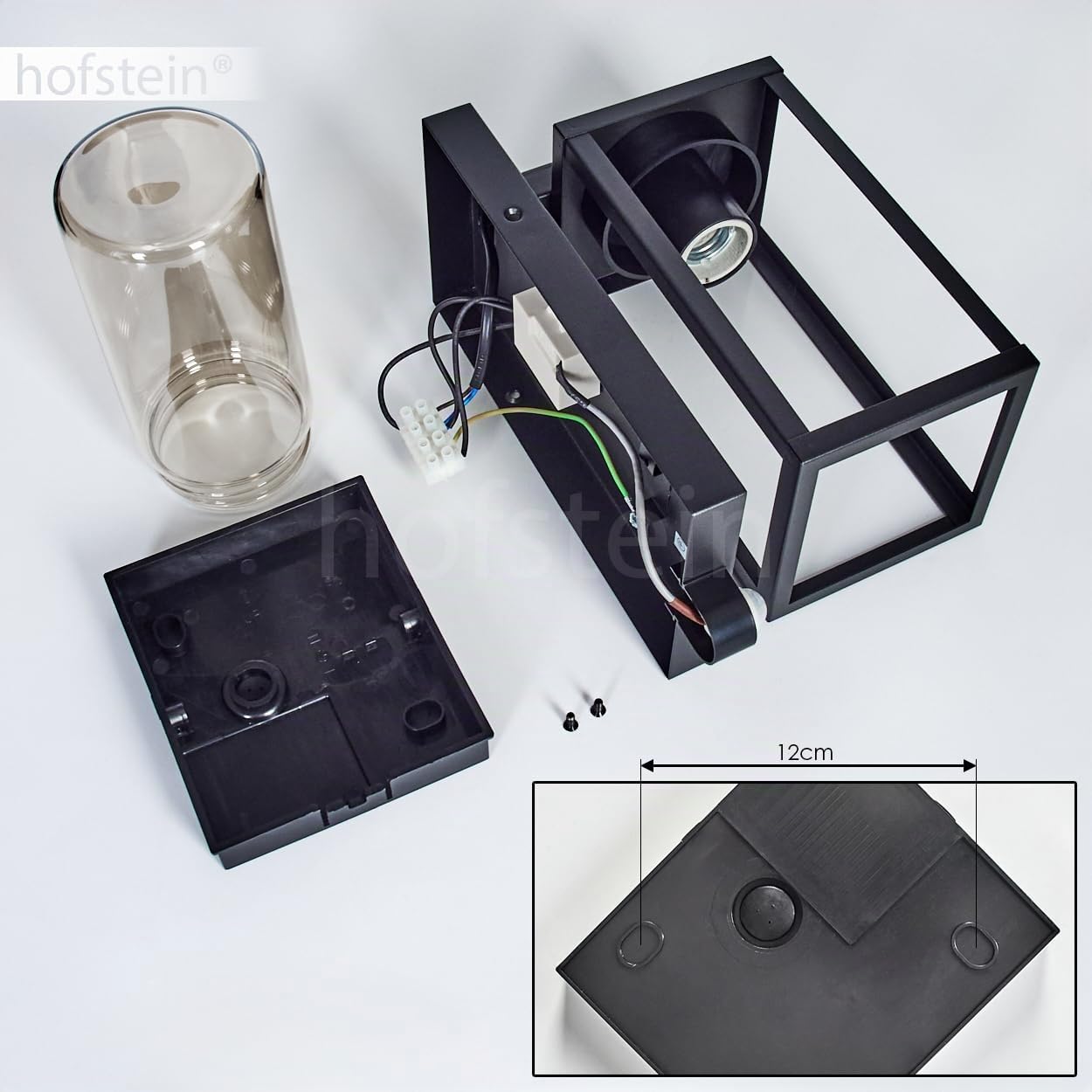 HOFSTEIN Außenwandleuchte Portalis, Außenwandlampe m. Bewegungsmelder aus Metall/Glas in Schwarz/Rauchfarben, Wechselglas Klar, Wandleuchte im Industrial-Stil, E27, IP44, Eingangsbereich, Haustür