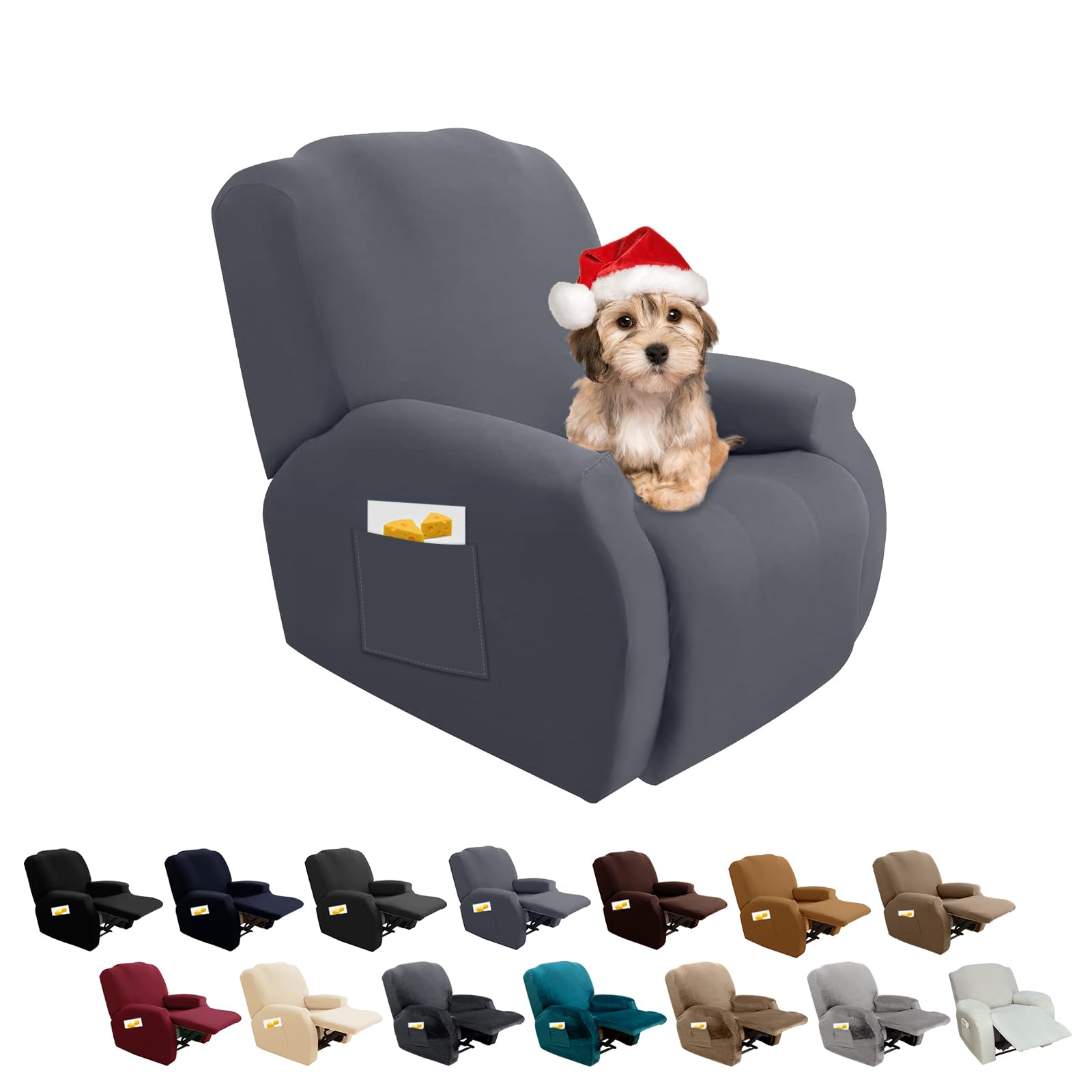 FIGOOO Copripoltrona Relax Reclinabile Copripoltrona 1 Posto Elasticizzato Relax Universale con Tasche 4-Pezzi Fodere per Poltrona Relax Lavabile Rimovibile Coprisedile Chivas,Grigio