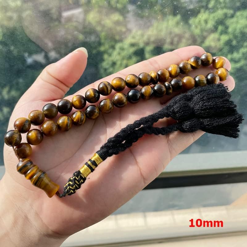 Tasbih Men Natural Tiger Eye Stone Black Handmade Turkish Tassel Muslim Prayer Beads Islamic misbaha Store Arabic Accessories (10mm x 99 Beads)