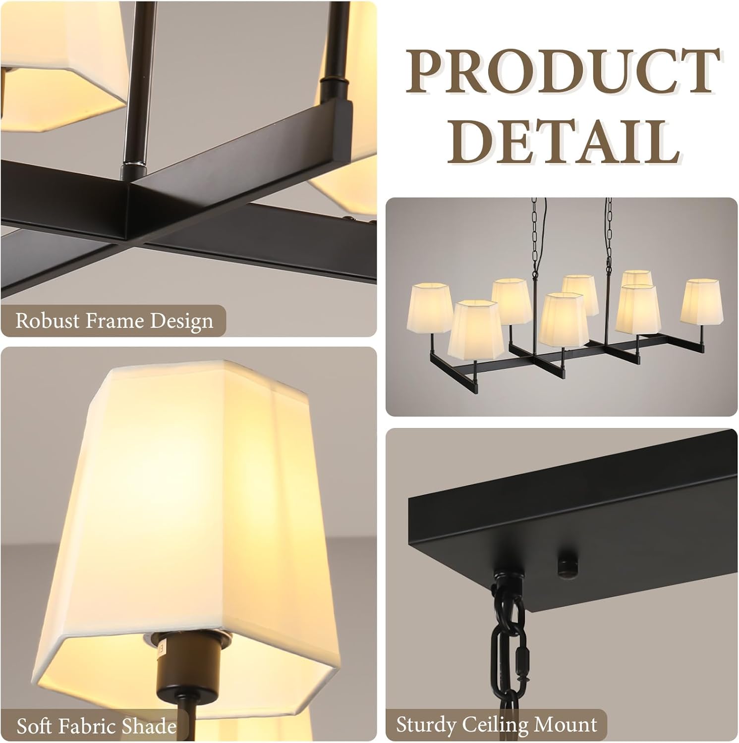 Farmhouse Chandeliers, 8-Light Black Chandeliers for Dining Room with White Fabric Shade, Adjustable Hanging Pendant Lighting for Kitchen Island Living Room