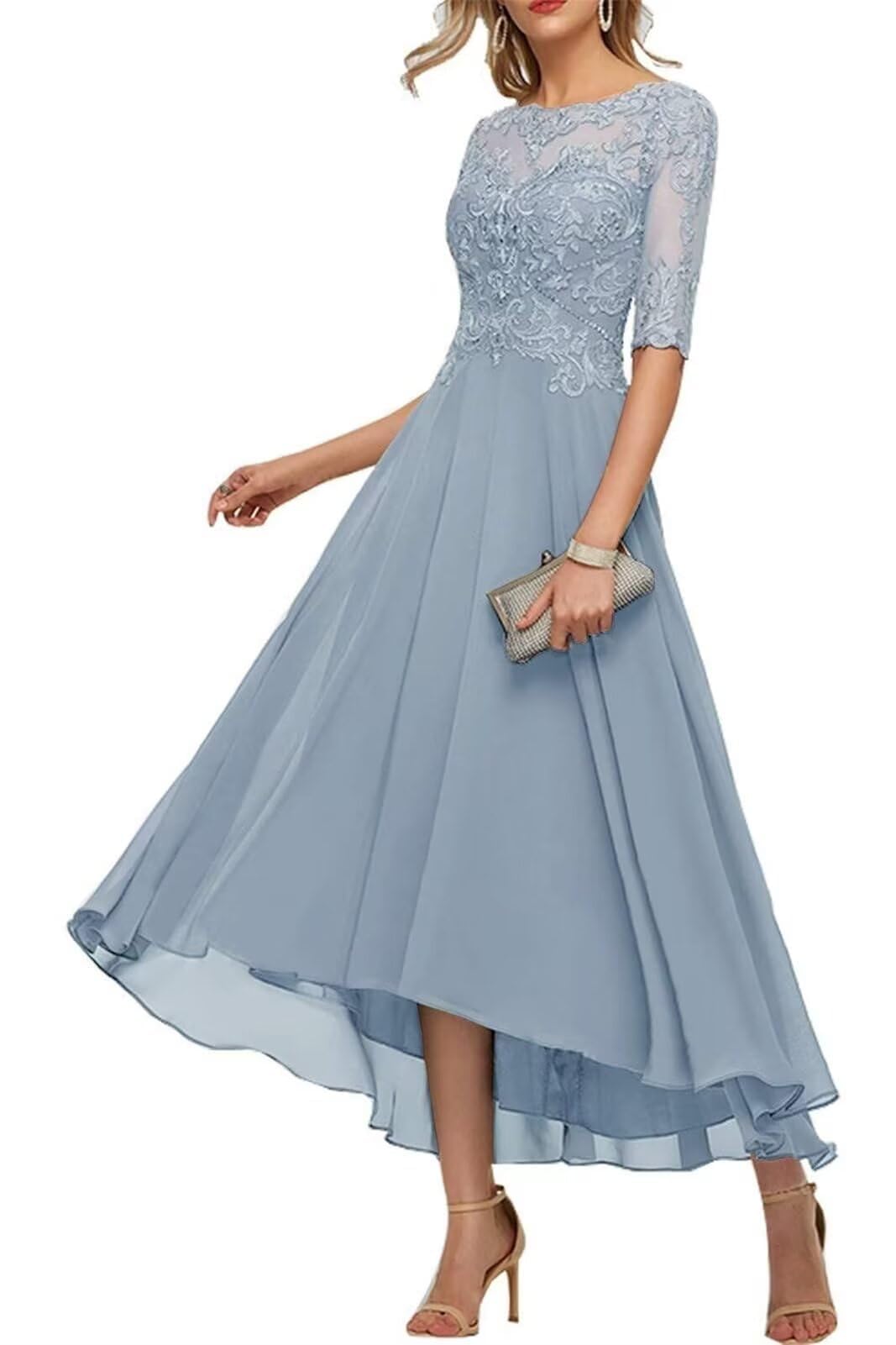 Kiyne Women's Dusty Blue Tea Length Mother Of The Bride Dresses For Lace Applique Chiffon Formal Dress Chiffon Evening Party Gown Uk8