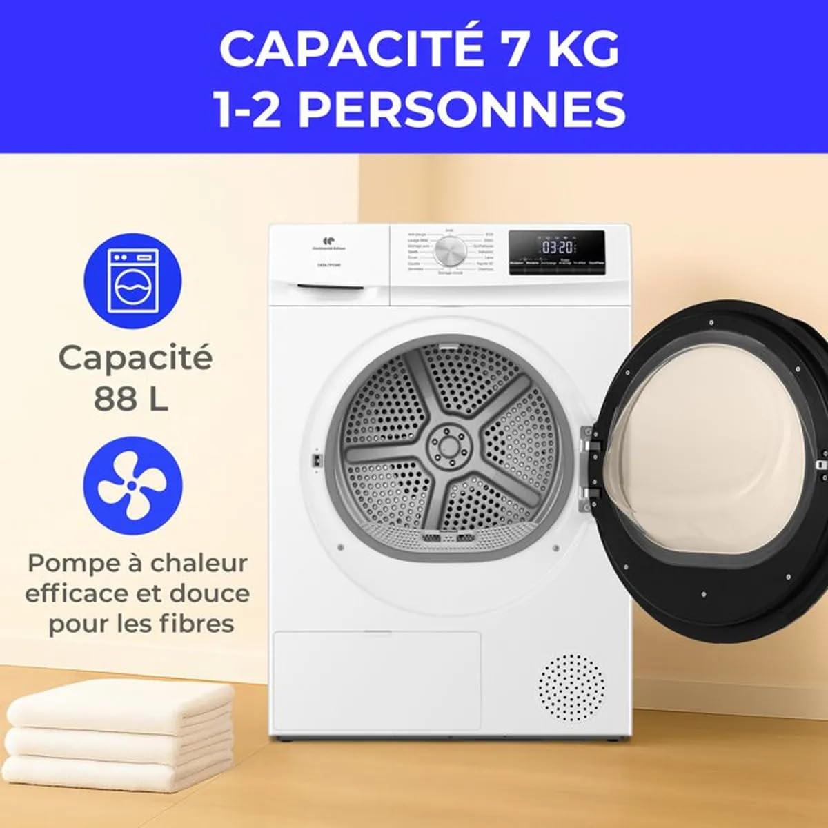CONTINENTAL EDISON Seche-linge Pompe à Chaleur - Cesl7pcwe - 7 Kg - 60 Cm - Classe E - Blanc