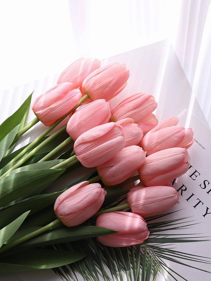 Image of CosaCentrum Beautiful Decorative Artificial Tulip Flower Bunches for Home decor (Baby Pink, Pack of 9)