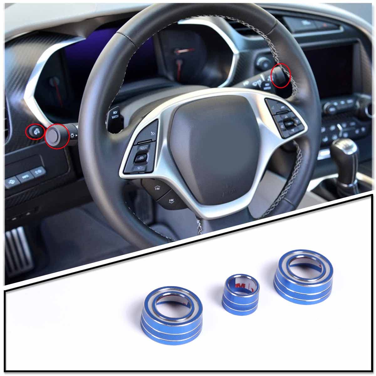 TINKI Car Instrument Brightness Adjustment/Dial Rod Decoration Ring for 2014-2019 Chevy C7 Corvette Aluminium Trim Interior Accessories (Dial Rod Decoration Ring 3Pcs, Blue)