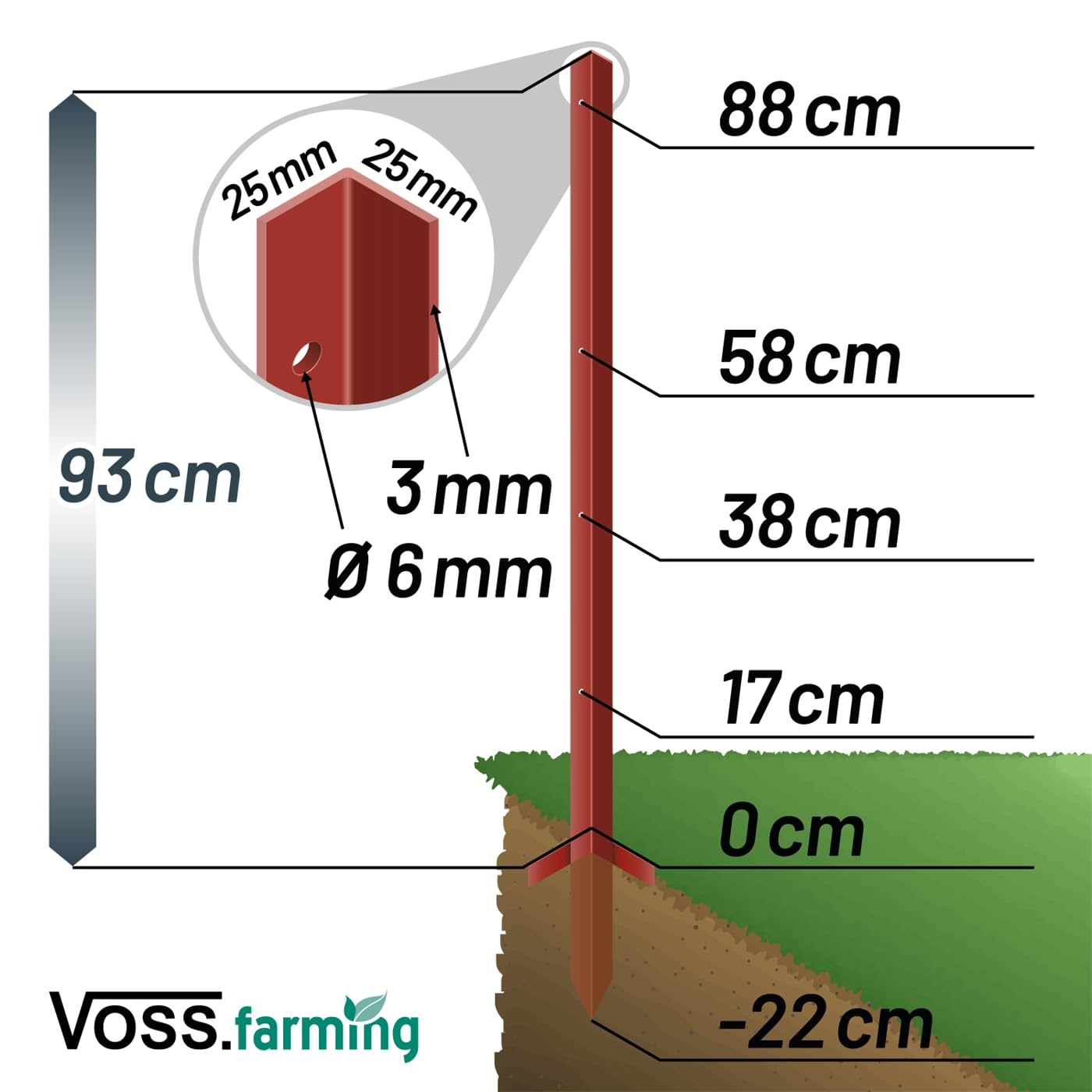 VOSS.farming Set 20x Winkelstahlpfahl 115cm 3mm + 100x Ringisolatoren mit M6 Gewinde