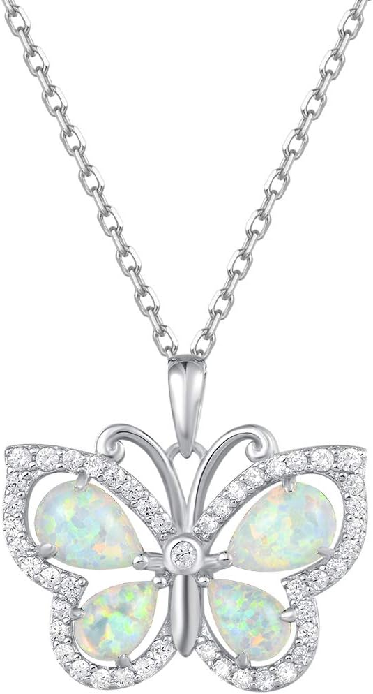 FANCIME 925 Sterling Silver White Created Opal Butterfly Necklace Cubic Zirconia CZ Fine Jewelry Gifts For Women