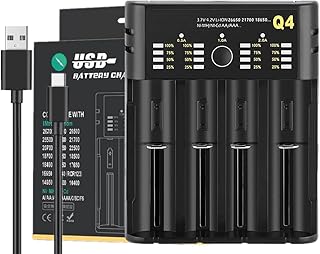18650 Battery Charger, 4- slot Rechargeable Battery Charger, 2A Fast Universal 18650 Charger, Intelligent Battery Detection Technology, for Li- ion/NiMH/NiCD Batteries Sizes 18650/16340/ AA/AAA