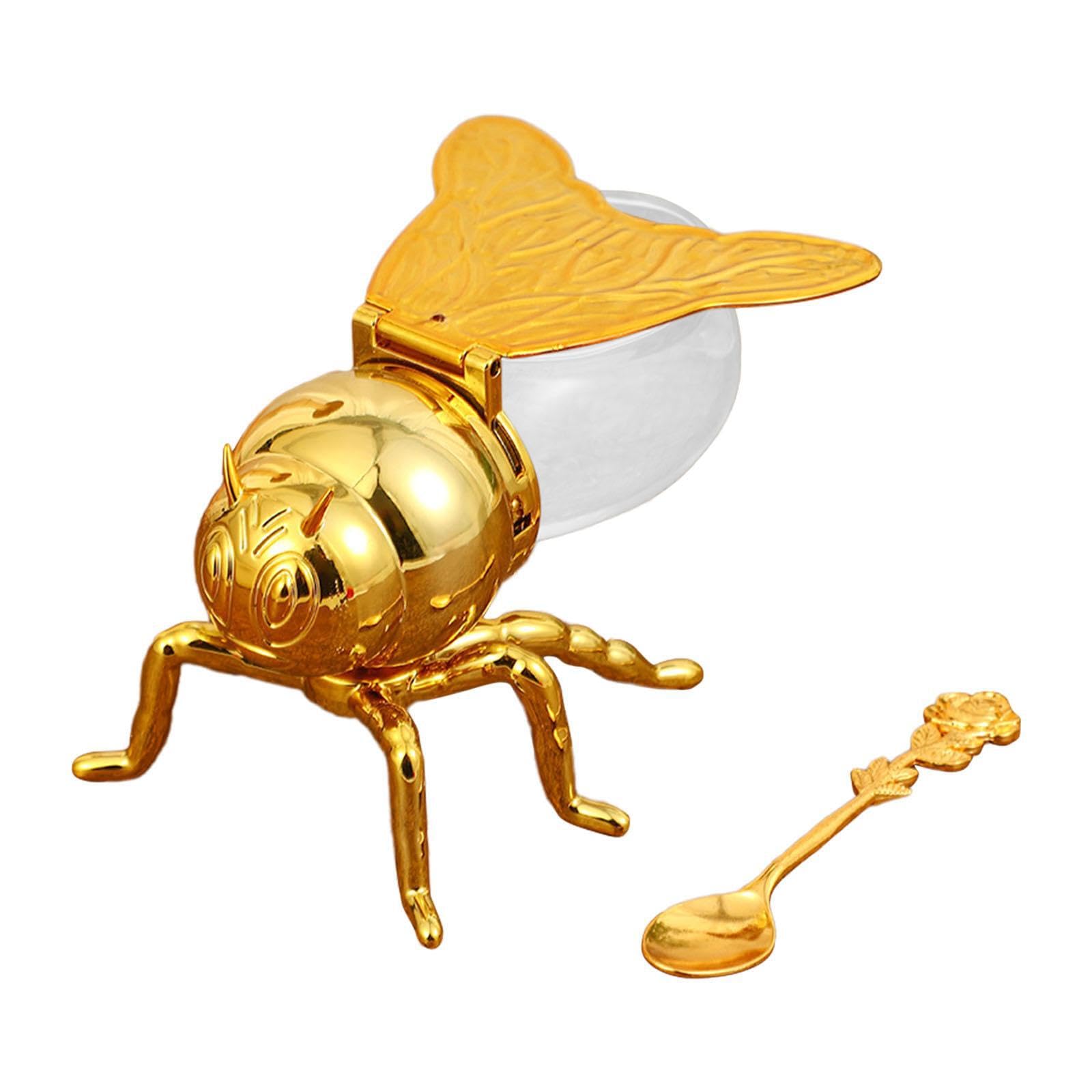 PIXZCSA for Creative Modern Bee Honey Jar Stylish Honey Container With Spoon For Storing Coffee And Spice Not Only Jar Dipper Set Home Kitchen Alloy Glass, Gold Rose, 10x15x8.5cm