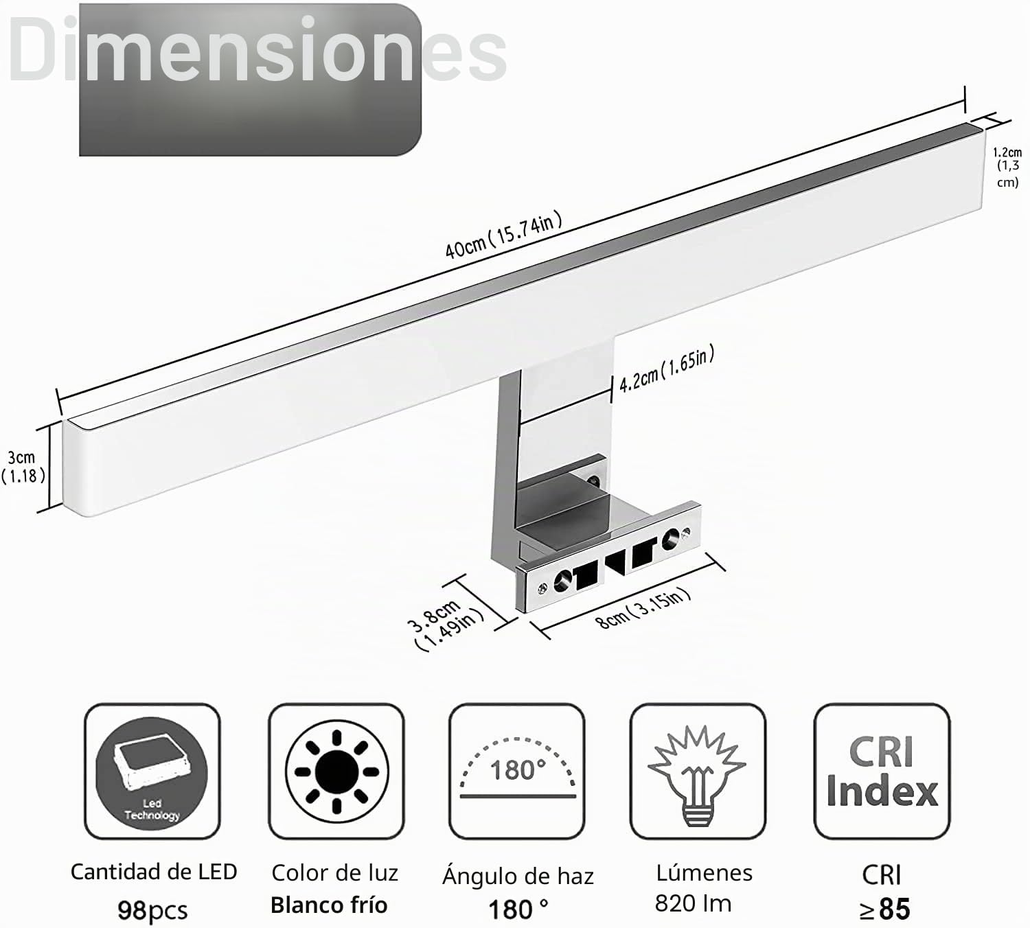 Lámpara LED de Espejo 10W 820LM Lámpara de Baño, Blanco Neutro 4000K Lámpara LED de Pared Luz de Gabinete IP44 230V Luz de Espejo de Baño de 40cm