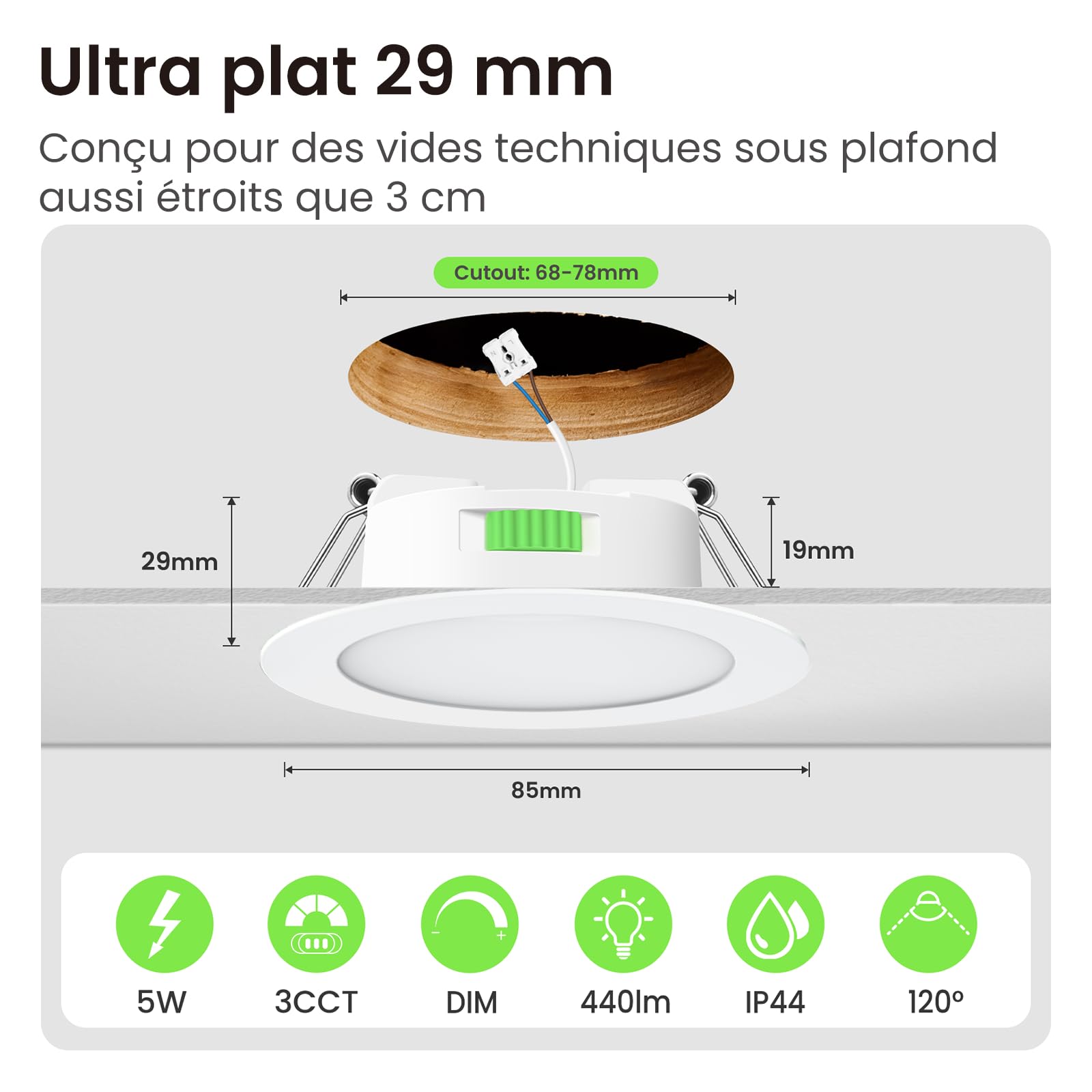ALUSSO Lot de 10 Spot LED Encastrable 68mm,AC 220-240V 5W Spots de Plafond Encastre 3000K 4000K 6500K Réglable,IP44 Spot Salle de Bain LED pour Salon Cuisine,Blanc | AC 220-240 V, intensité variable 10-100 %, 3000 K/4000 K/6500 K, spots LED pour salle de