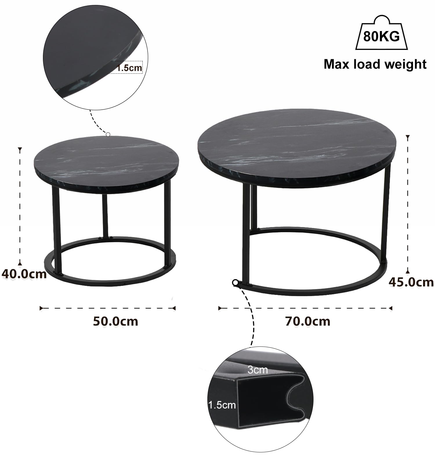 BIGTREE Couchtisch Rund, Wohnzimmertisch Modern, Satztisch 2er Set, Größe: 70x70x45cm, 50 x50x40cm, Beistelltisch Set aus Holz mit Metallgestell für Wohnzimmer Balkon Büro (Schwarz)