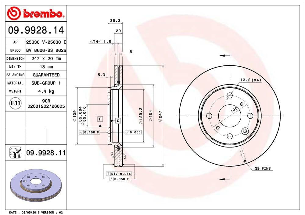 Brembo 09.9928.11 - Disque avec revêtement anti-corrosion UV (2 disques par boîte) - Avant