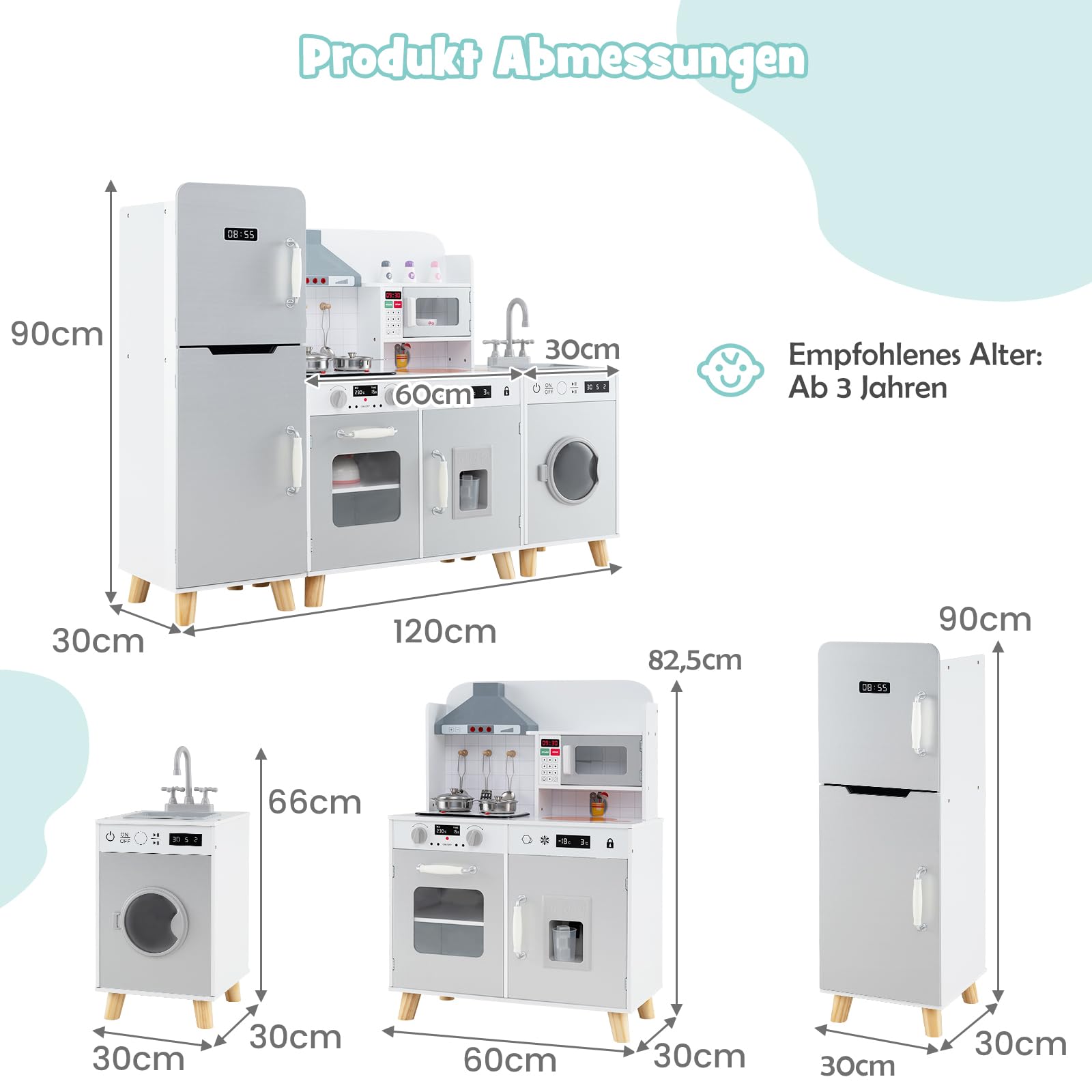 DREAMADE Kinderküche Holz mit Zubehör, Kinder Küche mit Herd Spüle Backofen Waschmaschine, Kinderspielküche mit Licht & Sound, Spielküche für Kinder ab 3 Jahren (Grau)