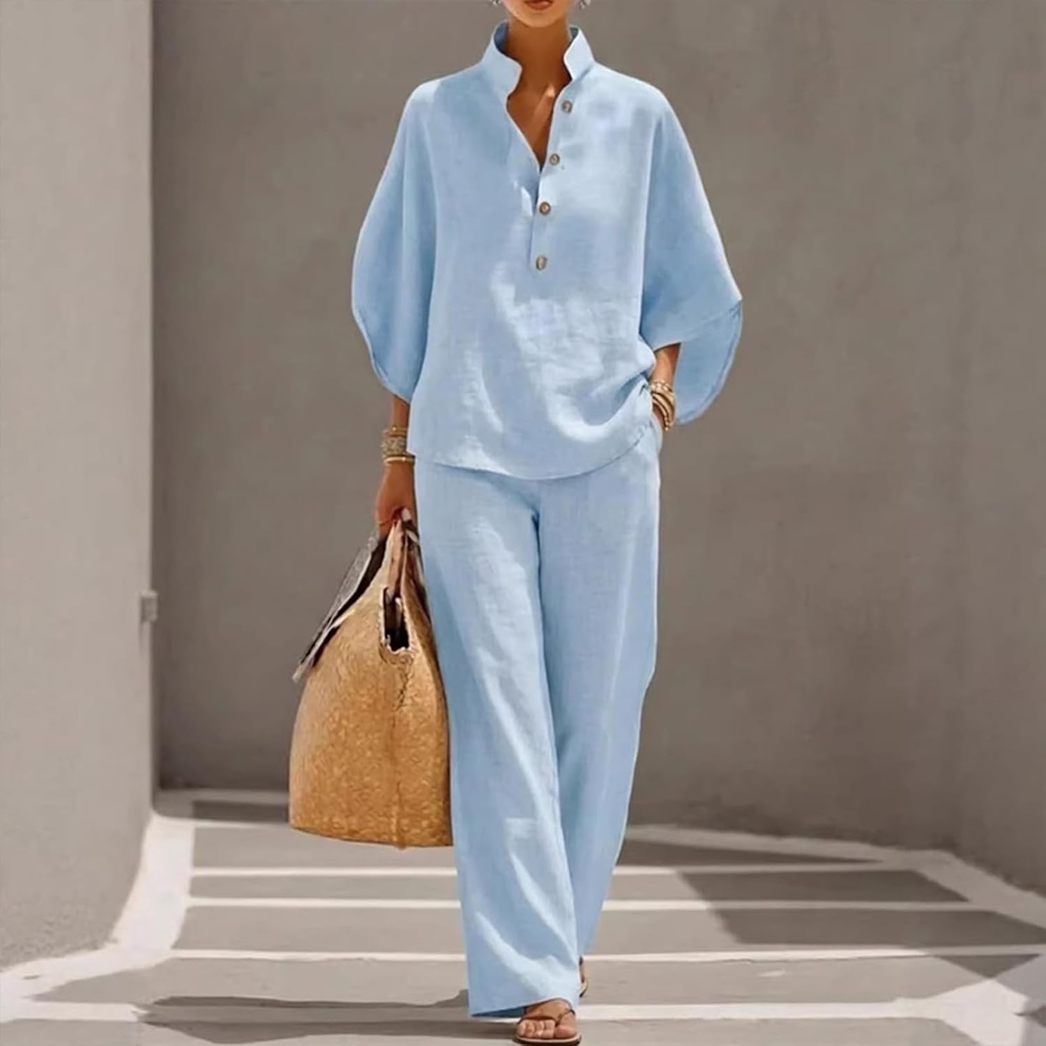 Women’s Batwing Sleeve Linen Cotton Two-Piece Set – Casual Shirt & Wide Leg Pants Outfit, Lounge Cotton 2 Piece