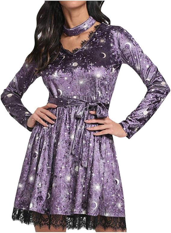 Female Dress,Women's Autumn Winter Fashion Print Lace Ruffle Long