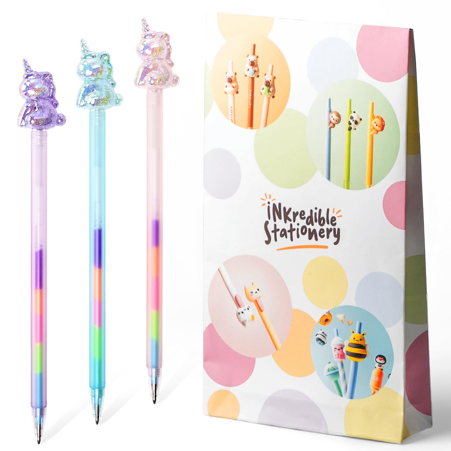 Puckator Unicorn Rainbow Ink Pen | Multi-Colour Ballpoint Pens with 5 Colour Ink in One Pen | Fantasy Desk Accessories, Fun Gift Stationery | Pack of 3 Designs