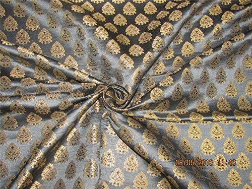 Tessuto broccato di seta 3,45 YARDS argento grigio, nero e oro metallizzato 44 