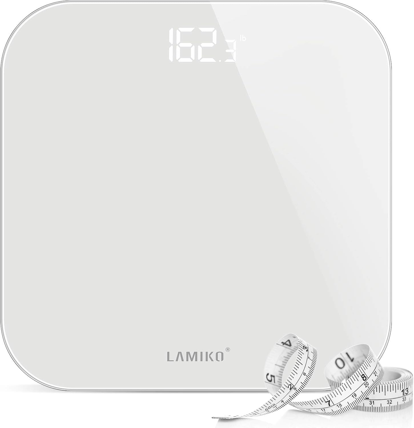 LAMIKO Digital Body Weight Scale with Step-on Technology & LED Display Ultra Slim Round Corner Design for Bathroom/Gym/Yoga Studio, 396 lbs, Battery Operation, Pure White