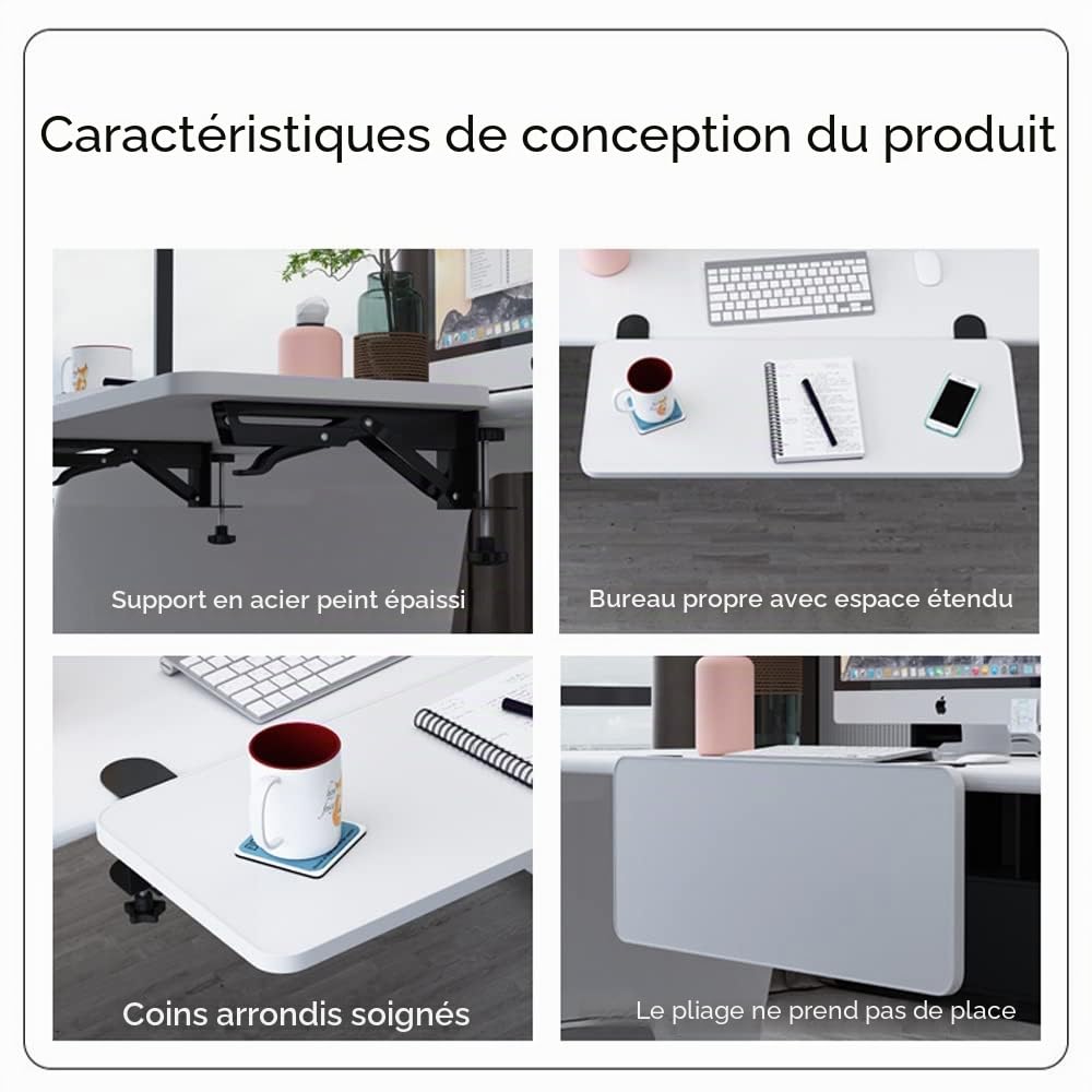 Plateau pour Clavier sous Le Bureau,Support pour Clavier,Plateau d'extension de Bureau Ergonomique,Pince sans Perforation,Plateau de tiroir de Clavier (Blanc, 75cm*25cm)