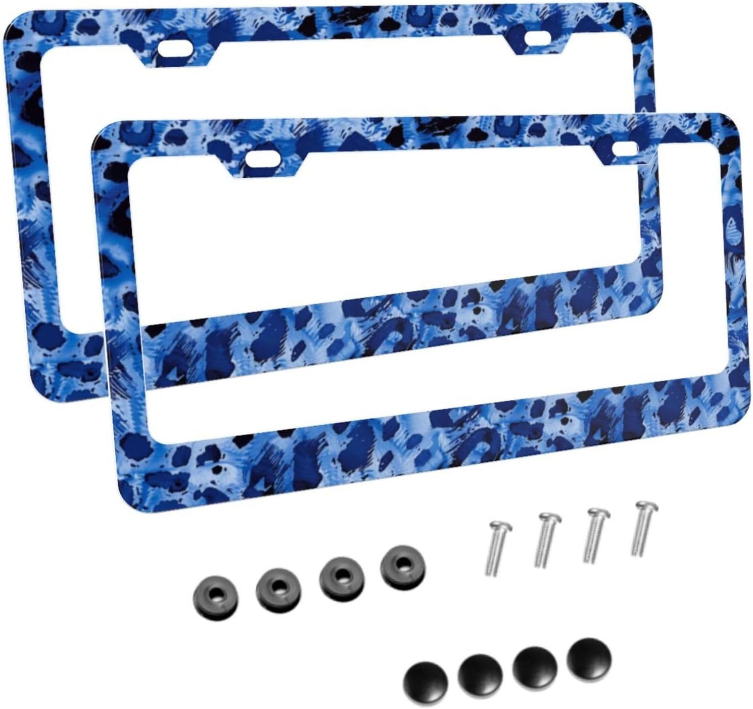 Smooth Blue Leopard Print Matte Aluminum License Plate Frame with Black Screw Caps，2pcs 2 Holes Black Licenses Plates Frames,Car Licenses Plate Covers Holders for Us Vehicles/Women/Men